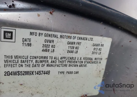 1999 Buick Century Custom из США, поврежденный, VIN 2G4WS52M9X1457448